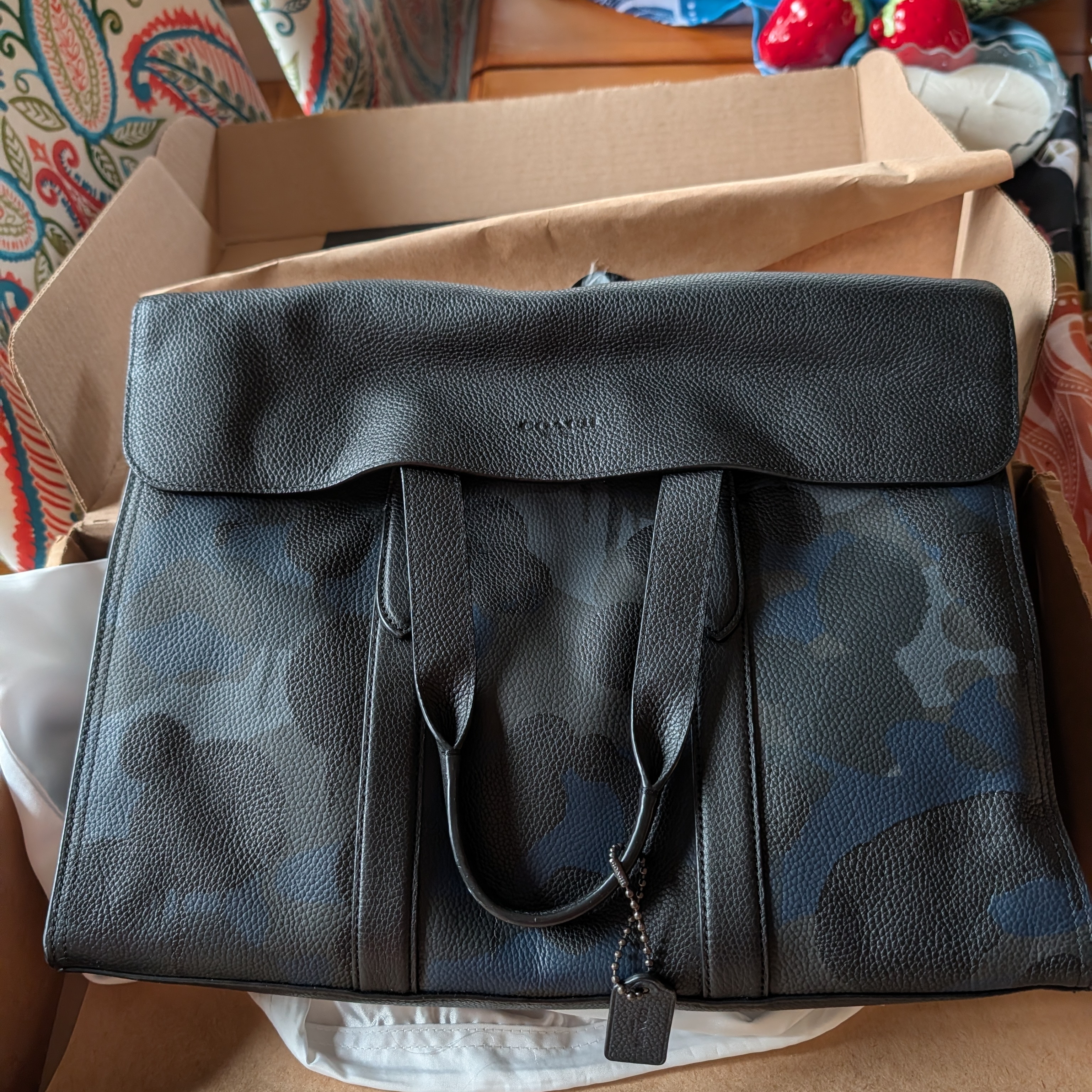Men's Black Camo Leather Brief Bag
